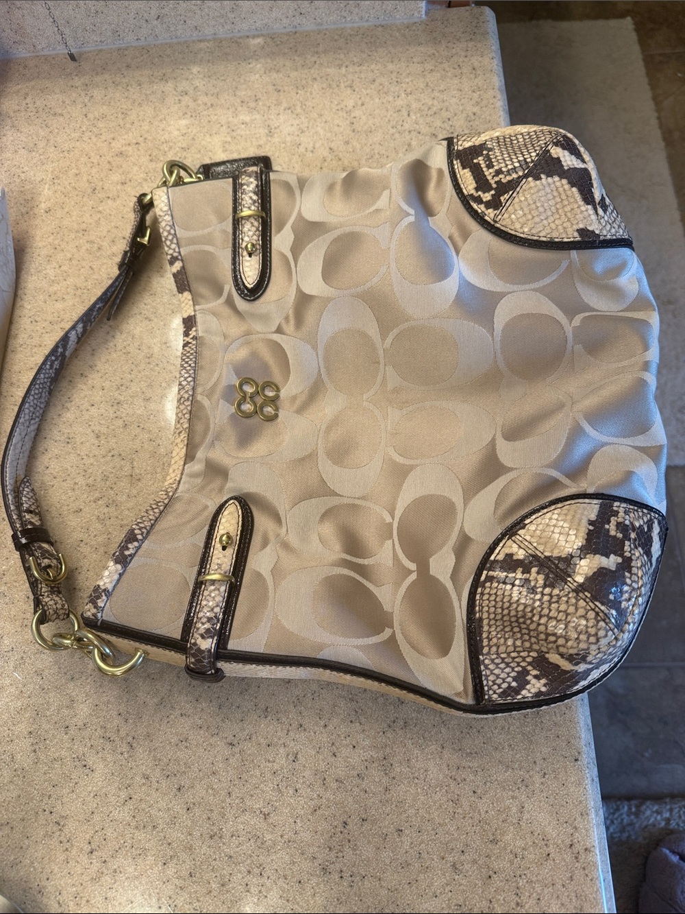 Coach Beige Signature Hobo with Snake-Print Accents